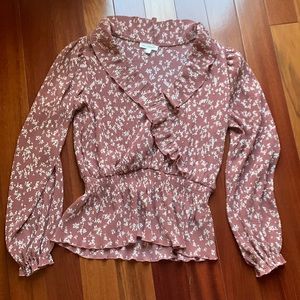 Blu Pepper Ruffle V-Neck Floral long sleeve Peplum Blouse